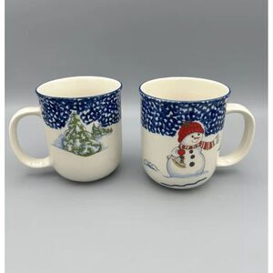 THOMSON POTTERY CHINA SNOWMAN COFFEE MUGS‎ SET OF 2- RETIRED PATTERN